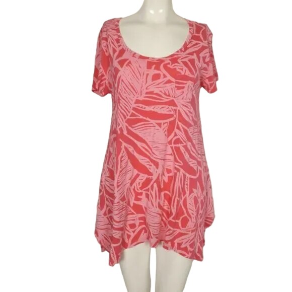 FRESH PRODUCE Top, M, Pink, Leaf print, Short sleeves, Asymmetrical Hem, Pocket - Picture 8 of 14